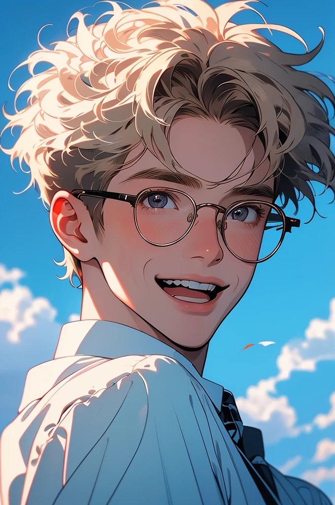 [32k, 8k, very detailed image, masterpiece], young man, naturally handsome, 23 years old, medium-length blond hair, light brown eyes, large round glasses, [looking fixedly at the viewer], shaved beard, adventurous colored clothing olive, guild background, [[naive expression]], laughter 1.5