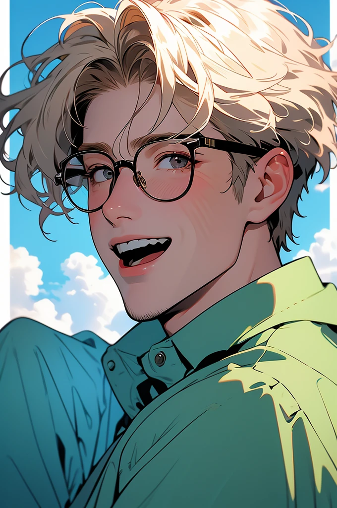 [32k, 8k, very detailed image, masterpiece], young man, naturally handsome, 23 years old, medium-length blond hair, light brown eyes, large round glasses, [looking fixedly at the viewer], shaved beard, adventurous colored clothing olive, guild background, [[naive expression]], laughter 1.5