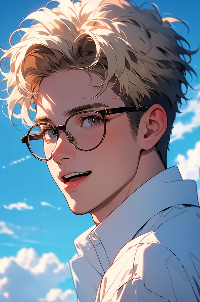 [32k, 8k, very detailed image, masterpiece], young man, naturally handsome, 23 years old, medium-length blond hair, light brown eyes, large round glasses, [looking fixedly at the viewer], shaved beard, adventurous colored clothing olive, guild background, [[naive expression]], laughter 1.5