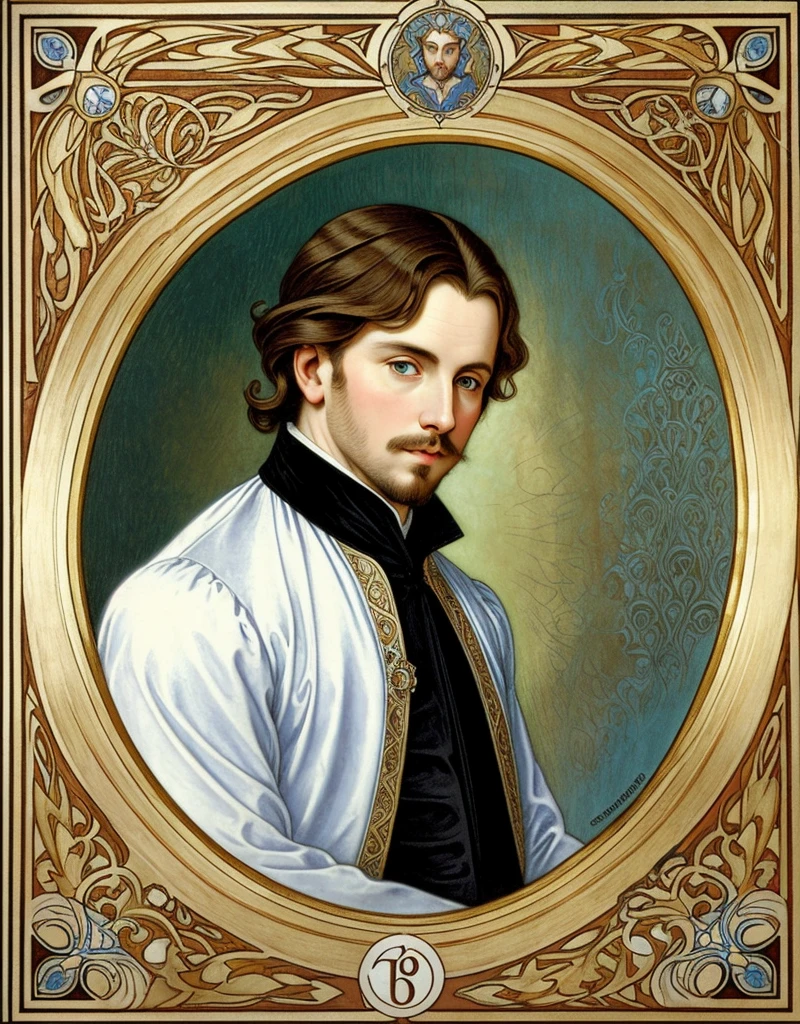 Portrait of Christopher Marlowe, extremely detailed face, white skin, piercing icy blue eyes, silky golden-brown hair, refined features, charp jawline, clean shaved, black Elizabethan velvet jerkin, white laced shirt, Art Nouveau style, Mucha style, Mucha background, realism, high quality