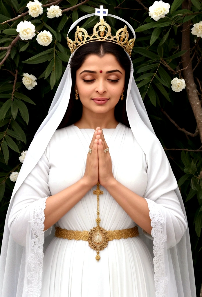 no fundo branco, the image of Our Lady of Fatima.Aishwarya rai, She has a serene face and her eyes are closed and express calm and pity. She has a long white veil that falls over her shoulders. Ela usa um manto branco que cobre todo o corpo (except the hands and feet) com detalhes dourados nas bordas (no colarinho e na cintura). Ela usa um colar com uma medalha milagrosa. She wears a gold Marian crown on her head (que tem uma cruz no topo). She holds a rosary in her right hand (que tem contas brancas e uma cruz dourada). The rosary is wrapped around the index finger and thumb. She is in a position of prayer. Her feet are bare in a white novem. The cloud is on top of a small bush-like tree, arte vetorial