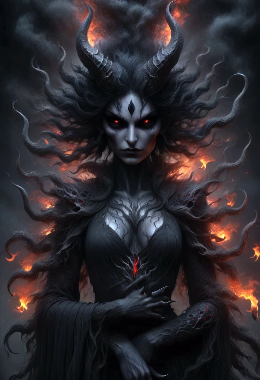 a woman with black hair and red eyes standing in front of a fire, beautiful elegant demon queen, dark fantasy style art, dark goddess with six arms, in style of dark fantasy art, goddess of the underworld, dark fantasy art, woman made of black flames, fantasy dark art, diablo 4 lilith, queen of the underworld, dark fantasy horror art, dark fantasy artwork