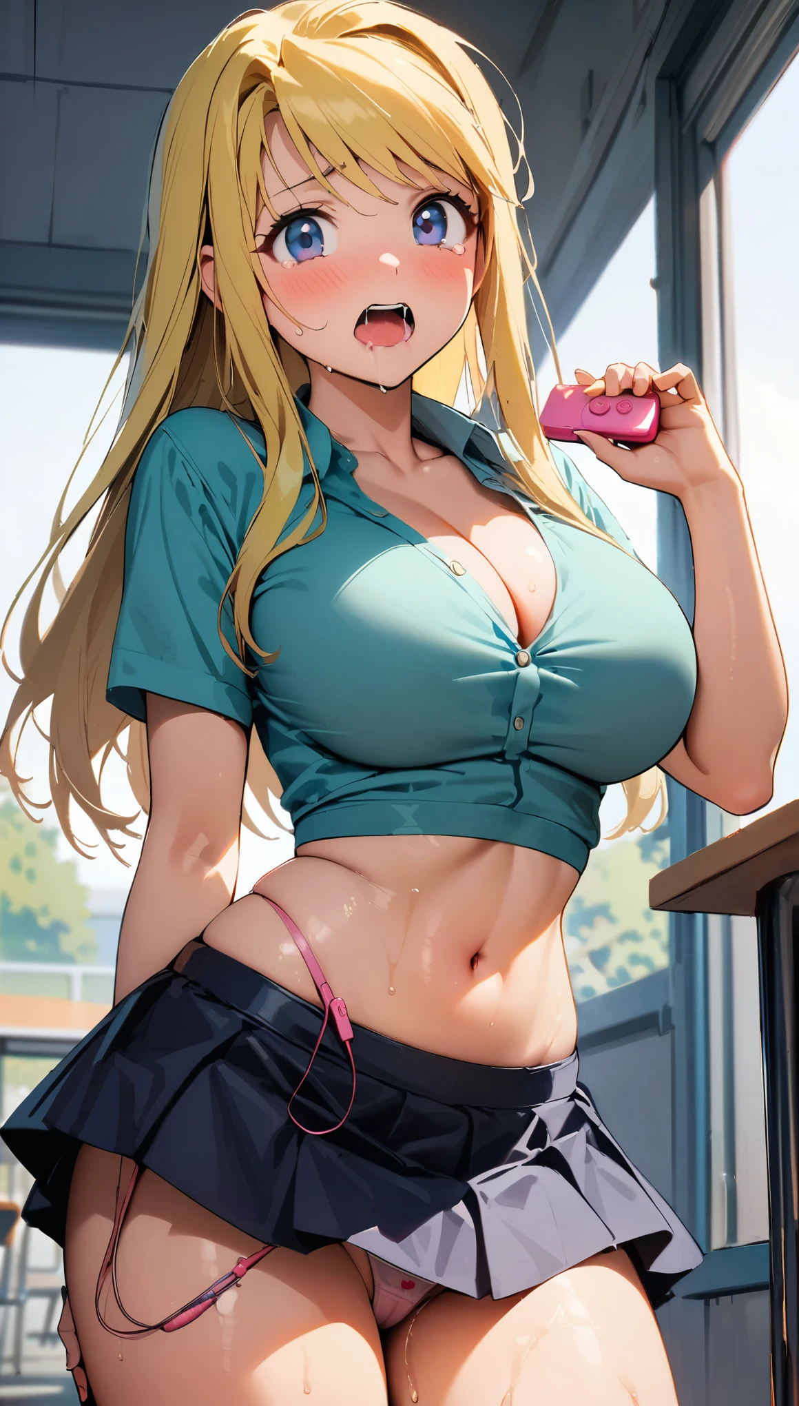 1girl, winry rockbell, Fullmetal Alchemist, (throw_hand, pink vibrator remote switch in throw_hand, throw:1.2), Highest quality, Super detailed, masterpiece, Ultra-high resolution, 8K, Ridiculous, Cowboy Shooting, Blurred, One girl, Focus on the girl, Embarrassing, blush, Lovely, Close one eye, With tears in her eyes and her mouth open, What saliva leaves behind, Wet skirt hem, (Sticky panties:1.1), Bulging of the vibrator cord, Vibrator with Garters, (cleavage), Classroom Background, The skirt is accidentally exposed,(large breasts), (crop top navel), (waist line), Accidentally exposed panties