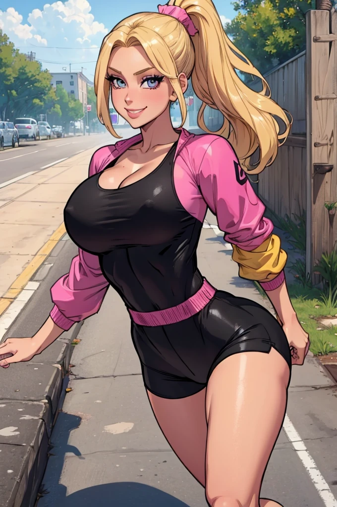 (masterpiece, best quality:1.2), 8k, woman, solo, long hair, blonde, ponytail, big breasts, pink top, black shorts, running outfit, cleavage, looking at viewer, detailed eyes, smile