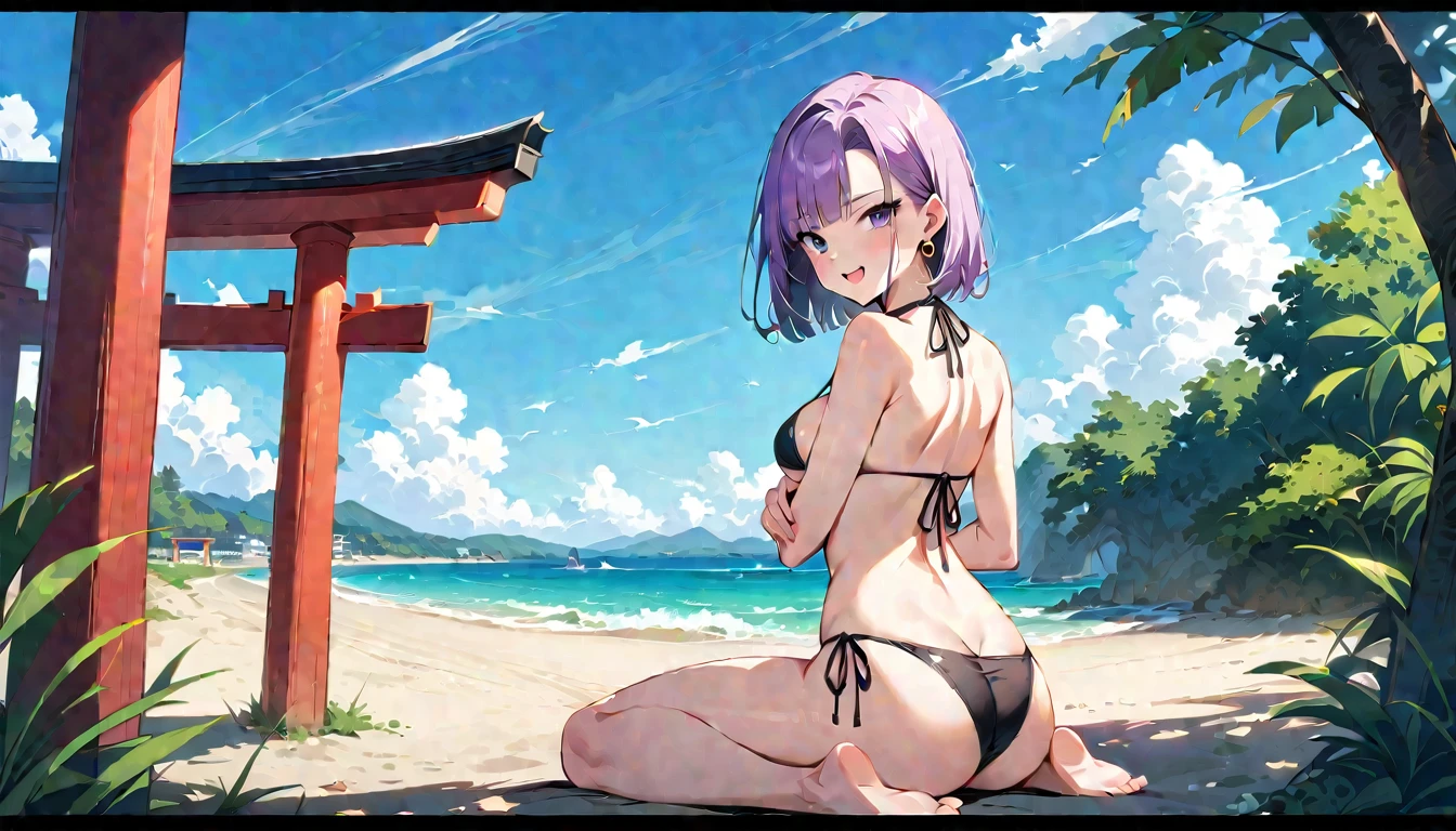 (masterpiece, best quality:1.2), full body, 1girl, (solo), Android 18 from Dragon Ball, ((string bikini, paste bikini, side-tie bikini bottom)), (wariza, sitting), medium breasts, blunt bangs, short purple hair, (black eyes), earrings on earlobes, slim, slender feminine figure, skinny body, blush, sky, magnificent view, blur background, 4K, open mouth, beach, smile, (Sandy Beach), beautiful butt, (back view), (crossed arms), side boob, back shot, torii gate,
