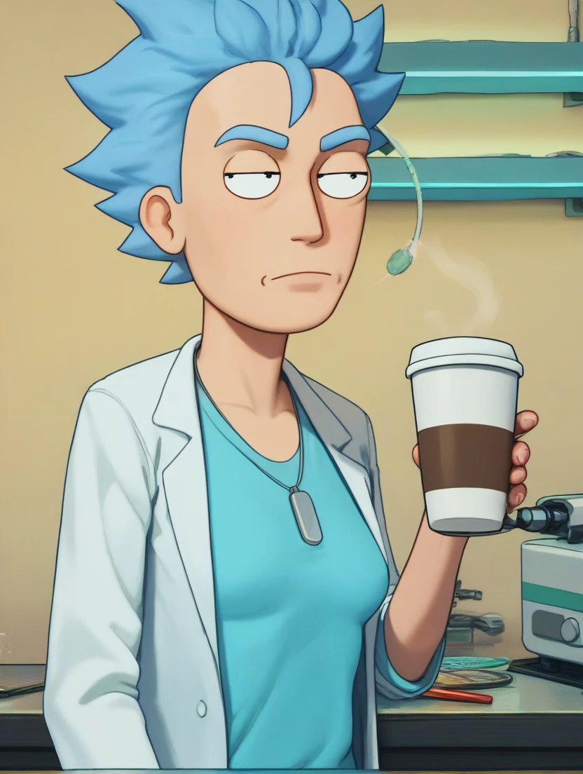 score_9,score_8_up,score_7_up,score_6_up,score_5_up,score_4_up, Rick Sanchez, messy blue hair, lab coat, blue t-shirt, dynamic pose, neutral expression, drinking coffee while working on a machine