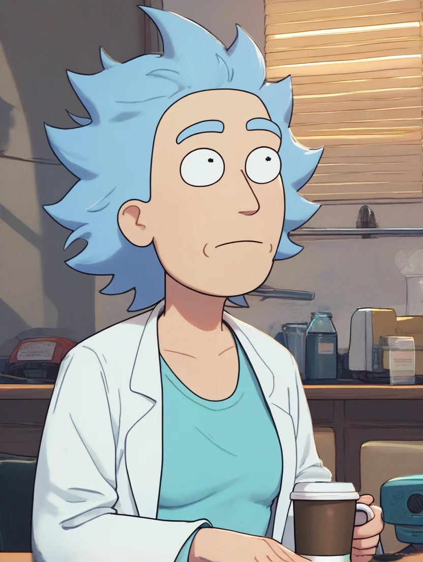 score_9,score_8_up,score_7_up,score_6_up,score_5_up,score_4_up, Rick Sanchez, messy blue hair, lab coat, blue t-shirt, dynamic pose, neutral expression, drinking coffee while working on a machine