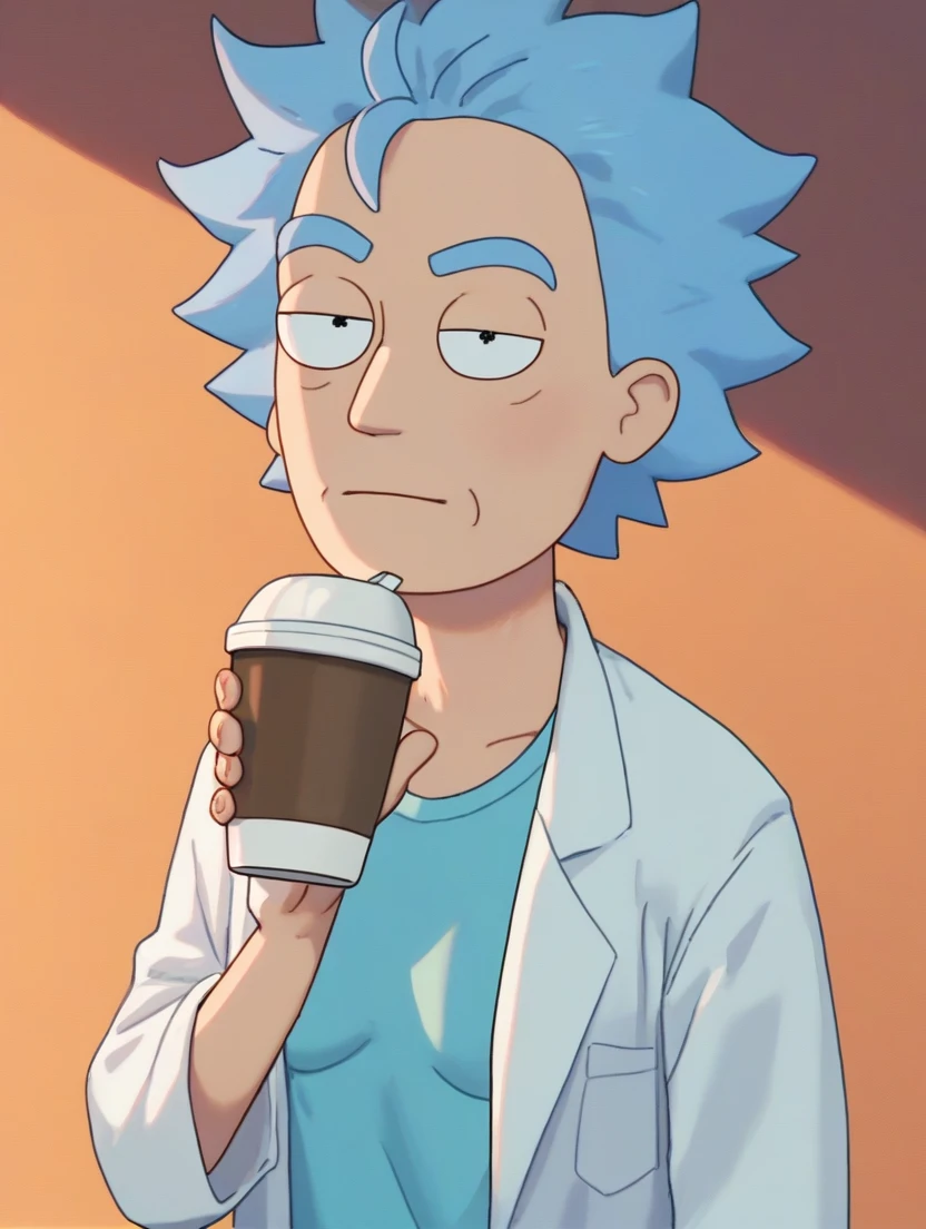 score_9,score_8_up,score_7_up,score_6_up,score_5_up,score_4_up, Rick Sanchez, messy blue hair, lab coat, blue t-shirt, dynamic pose, neutral expression, drinking coffee while working on a machine