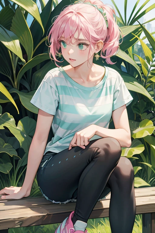 Etta has light sea green earrings. She wears a brilliant cerise and white-striped t-shirt, jean shorts with folded up legs, mulberryish black leggings, and brilliant cerise sneakers with white laces and white toe tips.
Ella has pink earrings. She wears a light sea green and white-striped t-shirt, jean shorts with folded up legs, ceruleanish black leggings, and light sea green sneakers with white laces and white toe tips SPARKLE; GLITTER