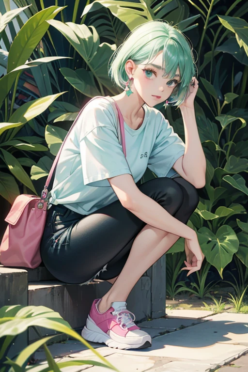 Etta has light sea green earrings. She wears a brilliant cerise and white-striped t-shirt, jean shorts with folded up legs, mulberryish black leggings, and brilliant cerise sneakers with white laces and white toe tips.

Ella has pink earrings. She wears a light sea green and white-striped t-shirt, jean shorts with folded up legs, ceruleanish black leggings, and light sea green sneakers with white laces and white toe tips  SPARKLE; GLITTER