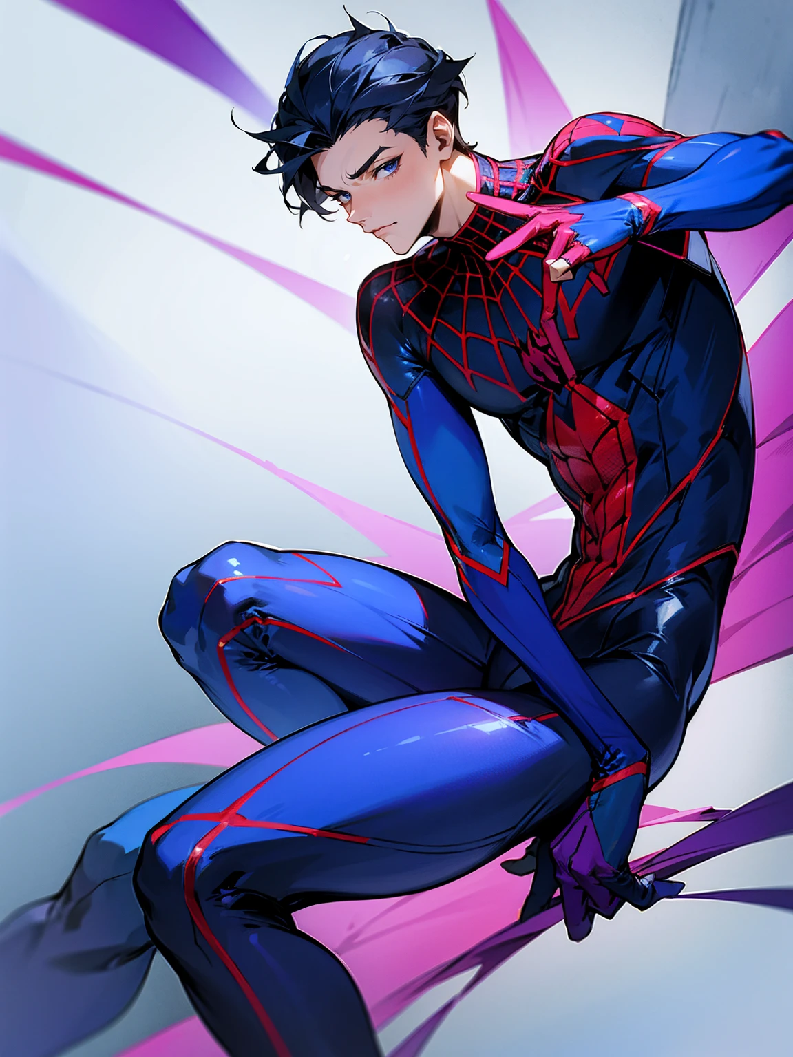 1male, blue and purple spiderman suit