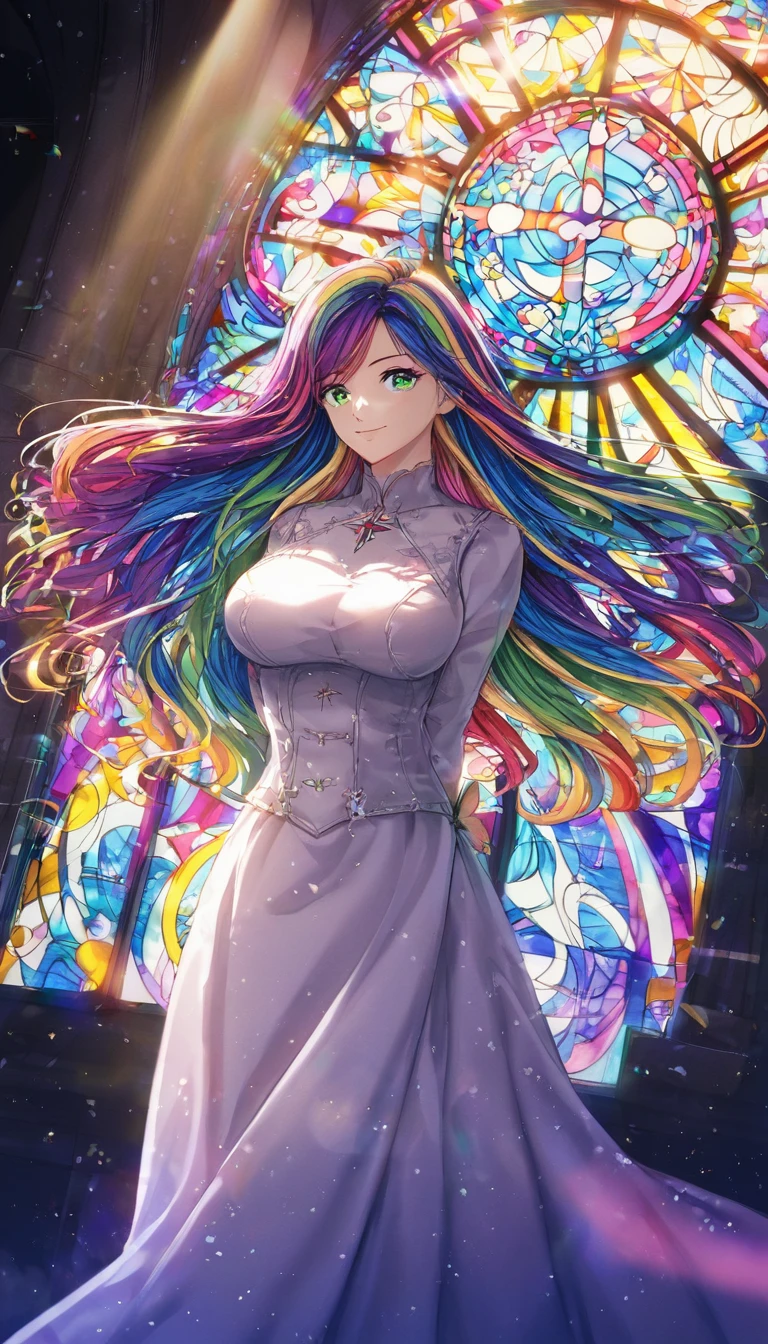 One girl, masterpiece, Very detailed, ((Cinema Lighting)), (Shine), ((Dramatic lighting)), ((Beautiful sparkle)), Exquisite detail, Lens flare, Multicolored Hair, Rainbow Hair, Long Hair, colorfulなドレス, butterflyの髪飾り, butterfly, (Particles of light), Put your arms behind your back, Large Breasts, [Curvy], Cowboy Shot, A light smile, Green Eyes, church, Stained glass, Spotlight, Dark Background, Floating Hair, Floating Hair, View your viewers,((colorful))