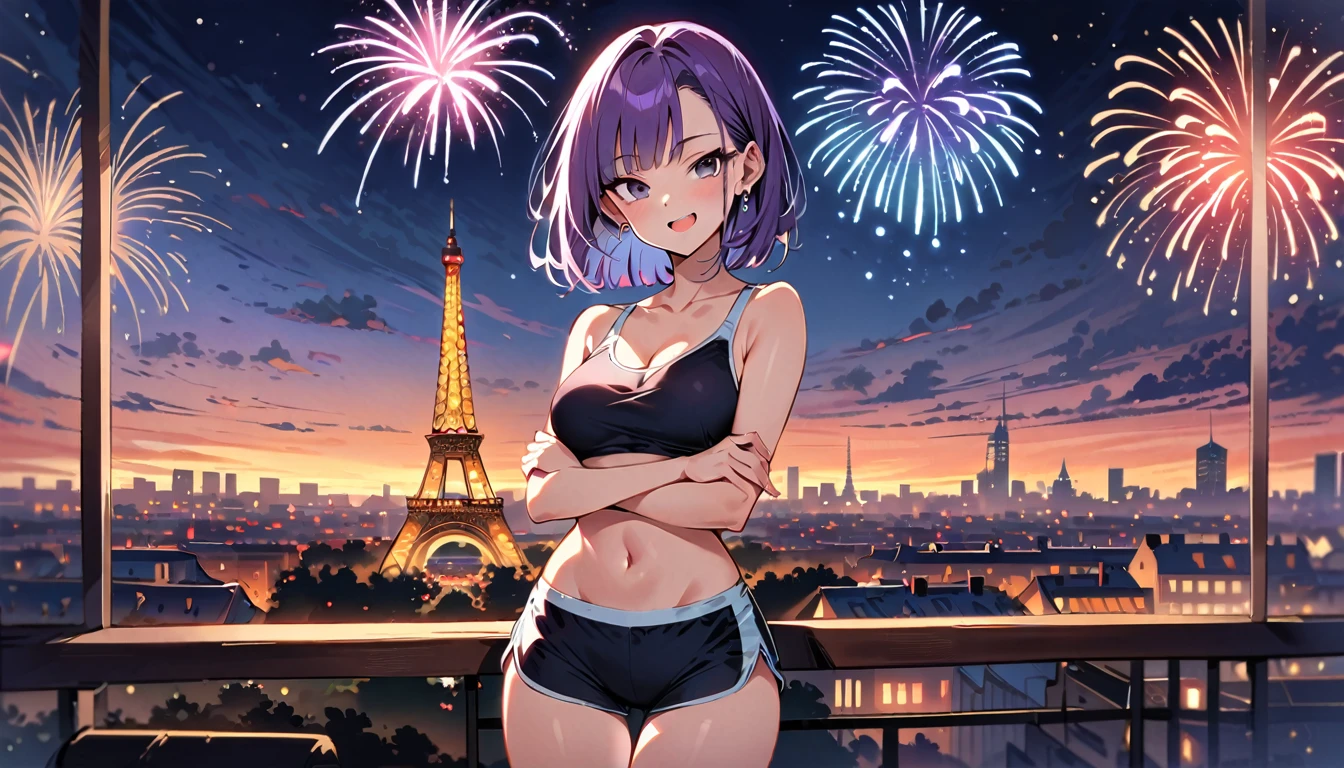 (masterpiece, best quality:1.2), solo, Android 18 from Dragon Ball, ((paste crop sport bra)), (short dolphin shorts, thigh gap), medium breasts, short purple hair loose, ((black eyes)), earrings on earlobes, slender feminine figure, narrow waistline, skinny body, looking at viewer, blush, crossed arms, standing, the Eiffel Tower, outside, natural lighting and shadows, magnificent view, blur background, 4K, open mouth, smile, fireworks, sky, blunt bangs, 