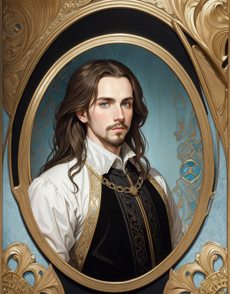 Portrait of Christopher Marlowe, white skin, piercing icy blue eyes, silky golden-brown hair, refined features, charp jawline, clean shaved, black Elizabethan velvet jerkin, white laced shirt, Art Nouveau style, Mucha style, Mucha background, realism, high quality