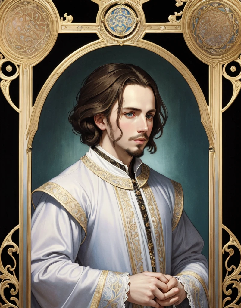 Portrait of Christopher Marlowe, white skin, piercing icy blue eyes, silky golden-brown hair, refined features, charp jawline, clean shaved, black Elizabethan velvet jerkin, white laced shirt, Art Nouveau style, Mucha style, Mucha background, realism, high quality
