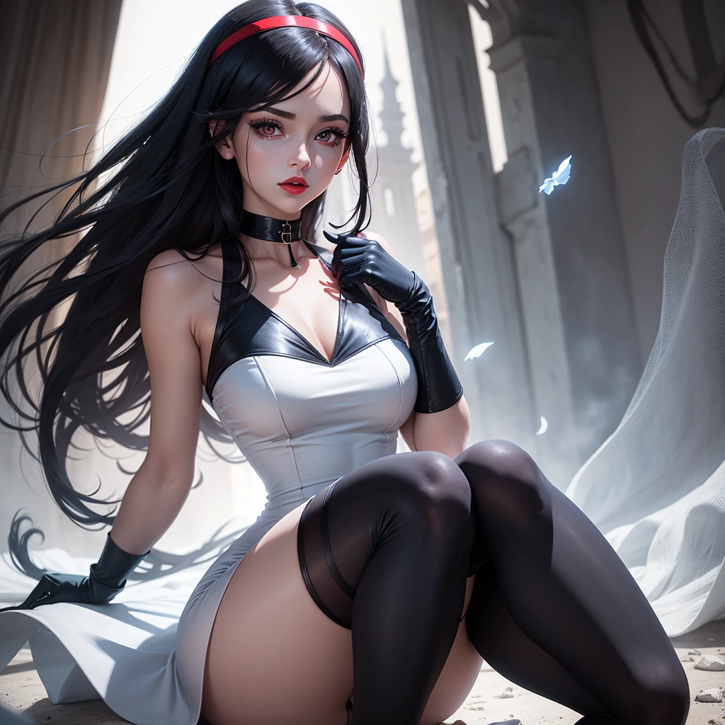 woman in white tight knee-length dress, Red eyes, blue lips, black gloves, black choker, black headband, black stockings