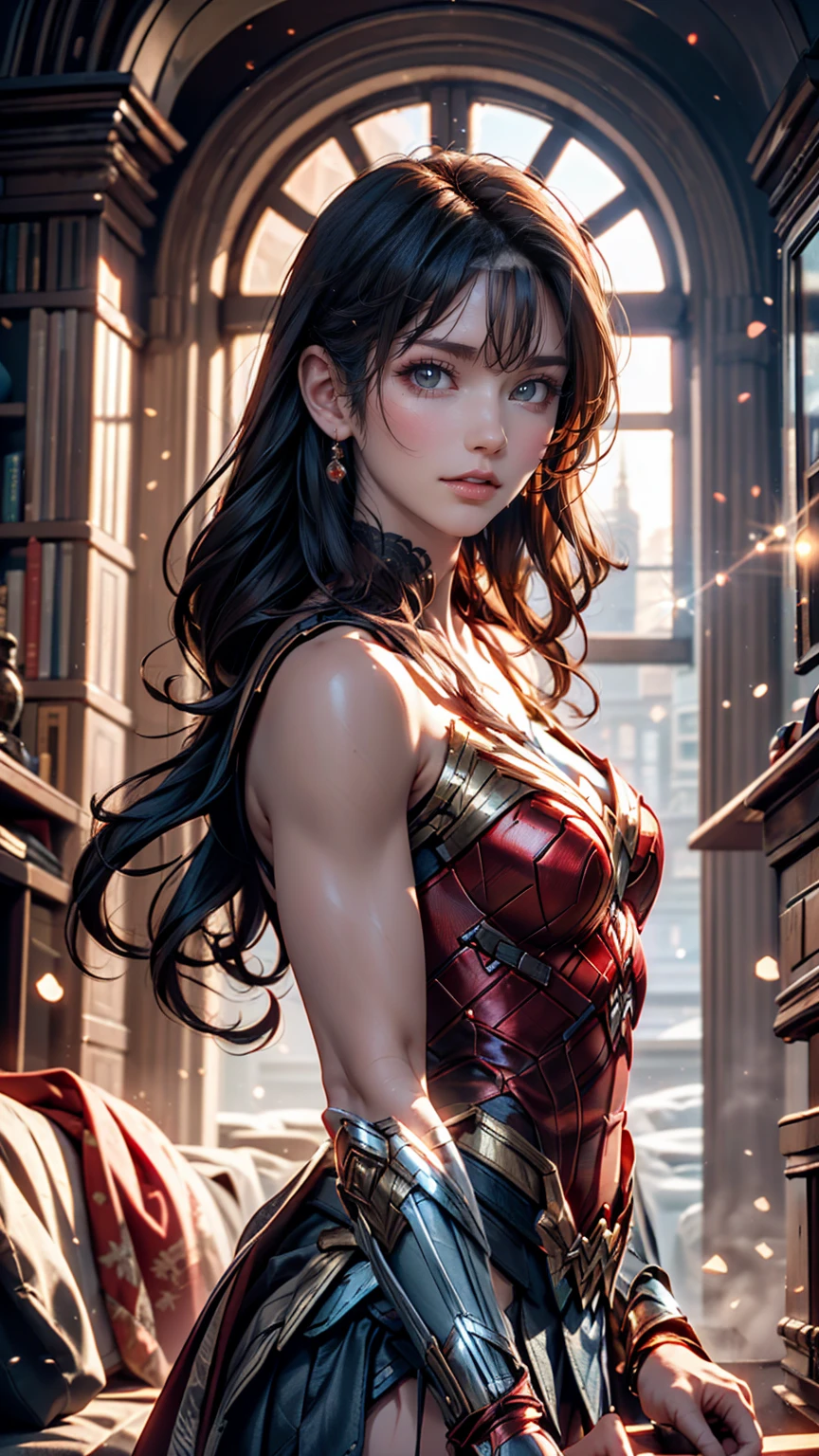 A scene from a movie, DC Wonder Woman Close-up, Distorted Space, Twisted undead in the background, Lens flare, Light Shaft, Intricate details, Detailed, Volumetric lighting, 4K Rendering, Stock Photo, Surreal, Realistic texture, Dramatic lighting, Unreal Engine