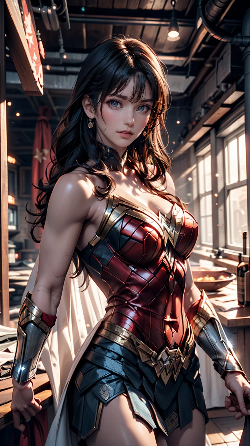 A scene from a movie, DC Wonder Woman Close-up, Distorted Space, Twisted undead in the background, Lens flare, Light Shaft, Intricate details, Detailed, Volumetric lighting, 4K Rendering, Stock Photo, Surreal, Realistic texture, Dramatic lighting, Unreal Engine