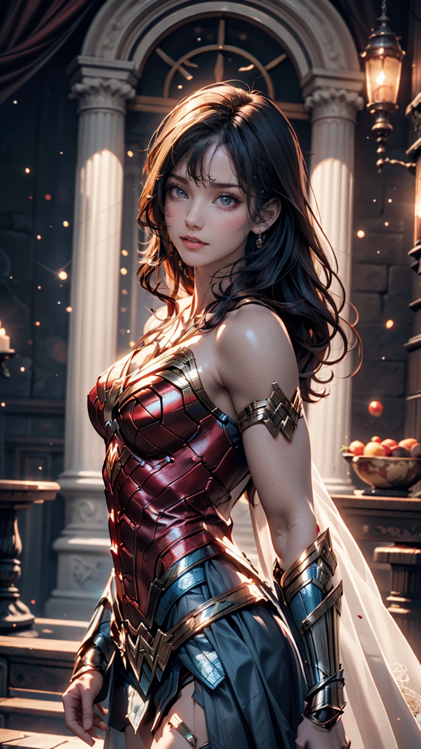 A scene from a movie, DC Wonder Woman Close-up, Distorted Space, Twisted undead in the background, Lens flare, Light Shaft, Intricate details, Detailed, Volumetric lighting, 4K Rendering, Stock Photo, Surreal, Realistic texture, Dramatic lighting, Unreal Engine