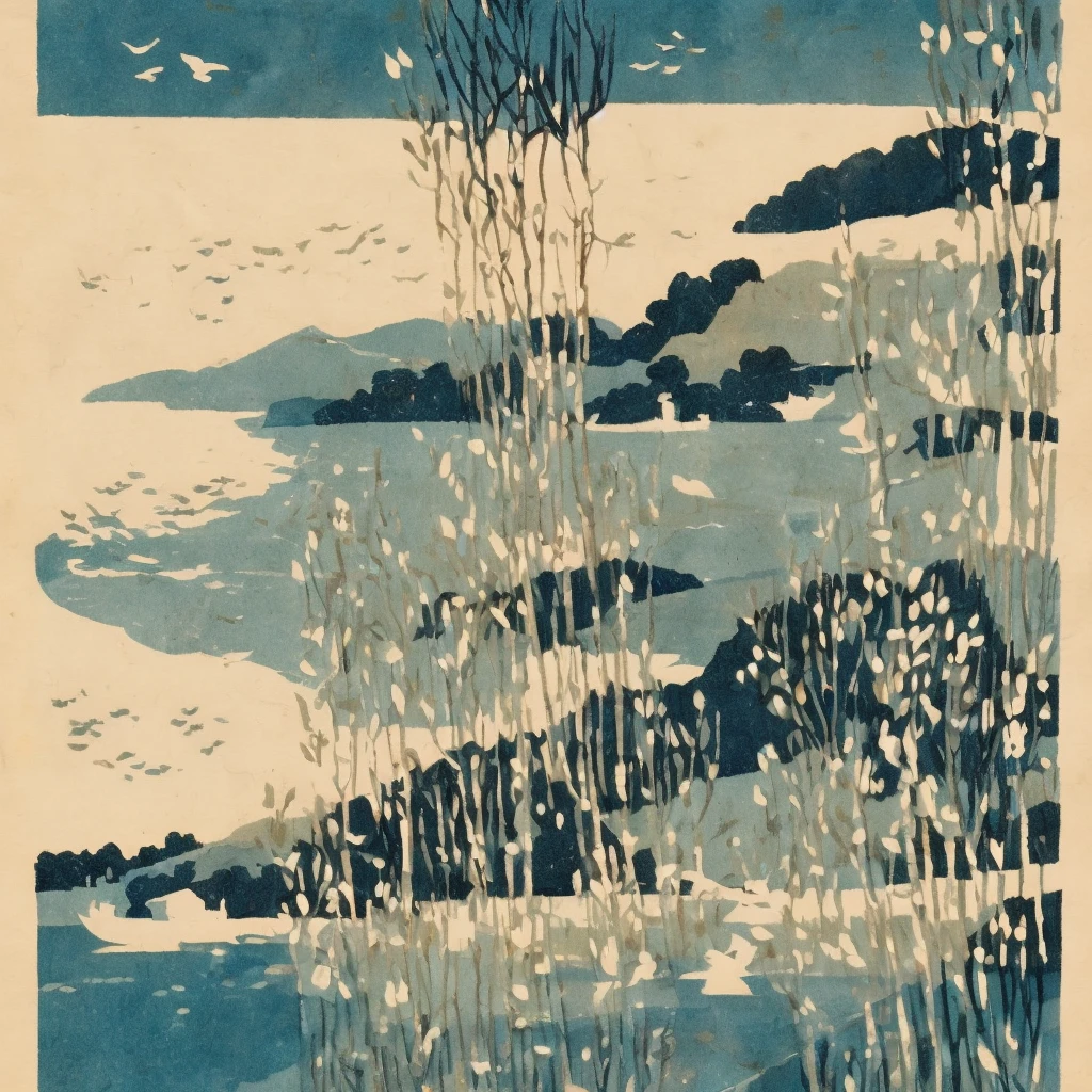 Illustration: simple woodblock printing style , (1สาว:1.3), ตามลำพัง,