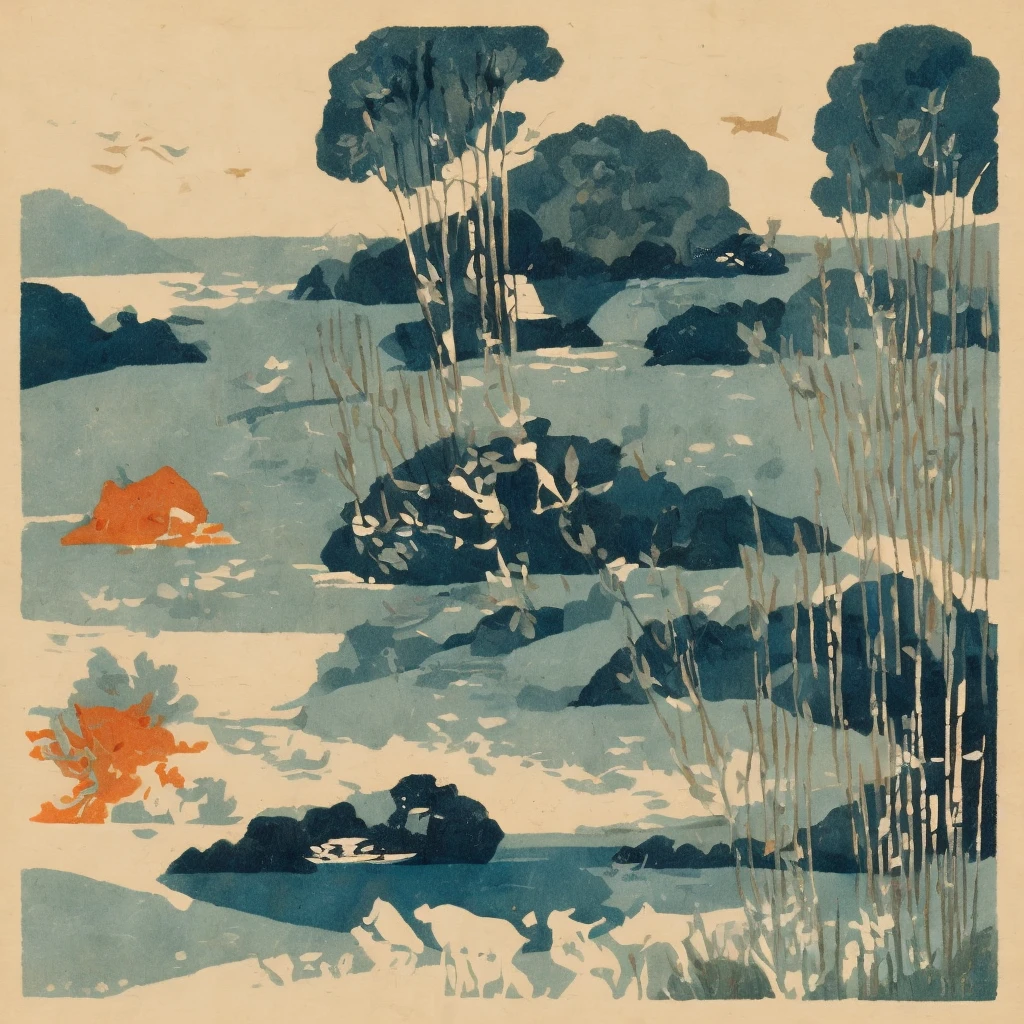 Illustration: simple woodblock printing style , (1สาว:1.3), ตามลำพัง,
