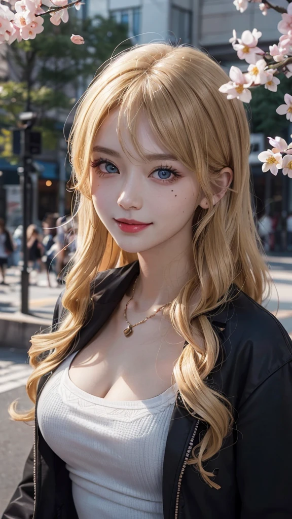 One girl,coat,Food,Jacket,((粗呢coat)),lips,lipstick,lattice,lattice裙,reality,skirt,alone,stand,Highest quality,Photorealism,masterpiece,8K,High resolution,alone,(((woman) ))、(Medium Chest)、((Looking at the audience))、(Looking into the camera)、(very long, Long Hair、blonde)、(Professional Lighting、Blur the background)、Looking down angle、The face is very detailed、Fashionable and trendy atmosphere、Japan,street,garden,river,cherry blossoms,((Daytime)),(Portraiture:0.6),的smile,nice,Flowing Hair,(Particles of light,Lens flare,发Particles of light:0.6),(Dynamic pose:1.2),Soft lighting,blondee,whole body,Thin face,smile,There is a visible mole under the eye,blue eyes、(Very large breasts、Accentuate the cleavage)