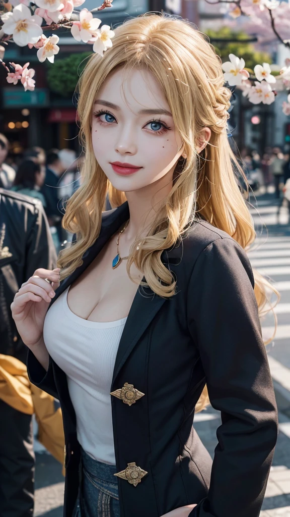 One girl,coat,Food,Jacket,((粗呢coat)),lips,lipstick,lattice,lattice裙,reality,skirt,alone,stand,Highest quality,Photorealism,masterpiece,8K,High resolution,alone,(((woman) ))、(Medium Chest)、((Looking at the audience))、(Looking into the camera)、(very long, Long Hair、blonde)、(Professional Lighting、Blur the background)、Looking down angle、The face is very detailed、Fashionable and trendy atmosphere、Japan,street,garden,river,cherry blossoms,((Daytime)),(Portraiture:0.6),的smile,nice,Flowing Hair,(Particles of light,Lens flare,发Particles of light:0.6),(Dynamic pose:1.2),Soft lighting,blondee,whole body,Thin face,smile,There is a visible mole under the eye,blue eyes、(Very large breasts、Accentuate the cleavage)
