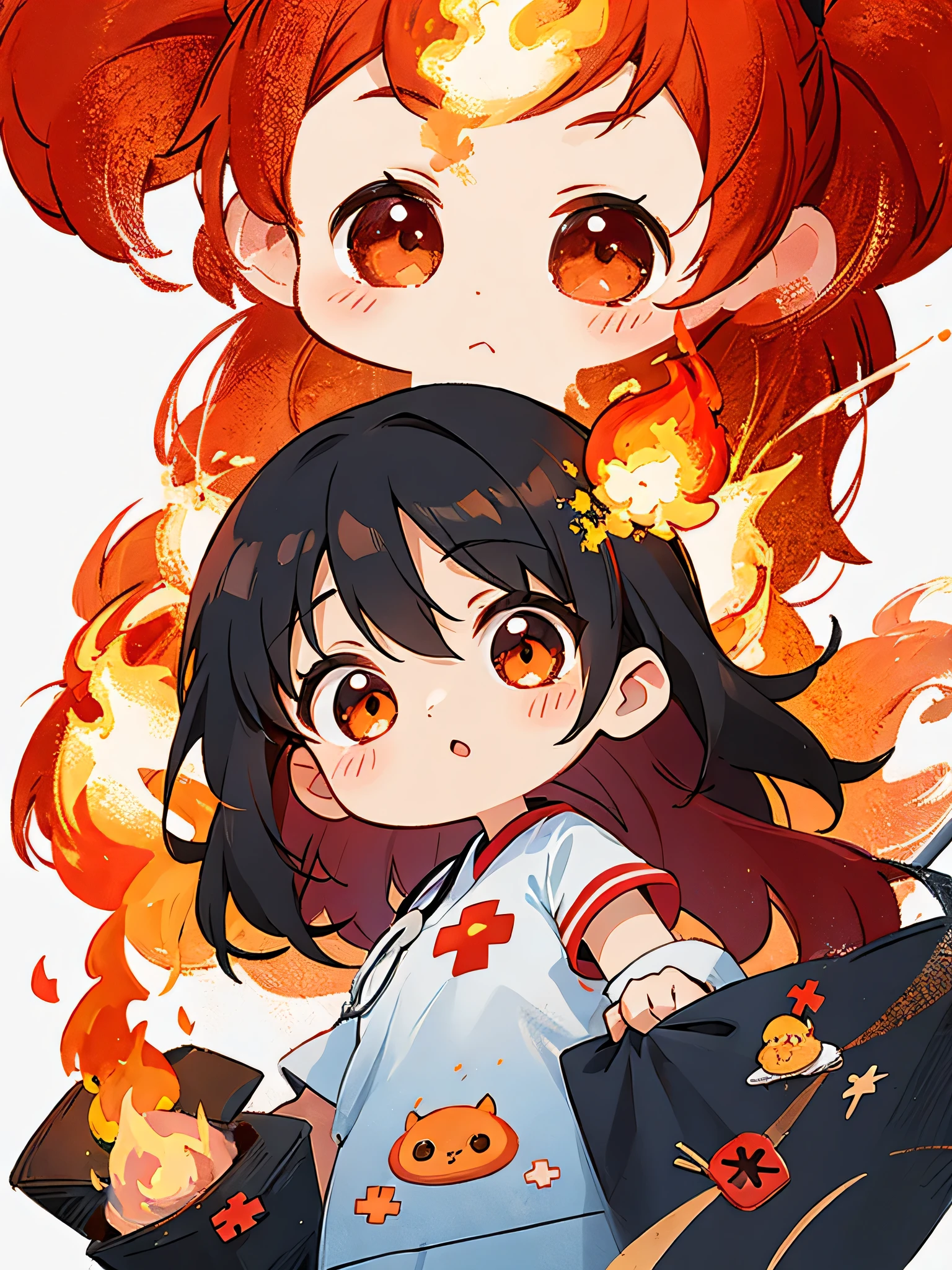 Black Star Red and White style, Kawaii Design, The most beautiful girl of all time、chibi, (((fire))), (((hospital)))