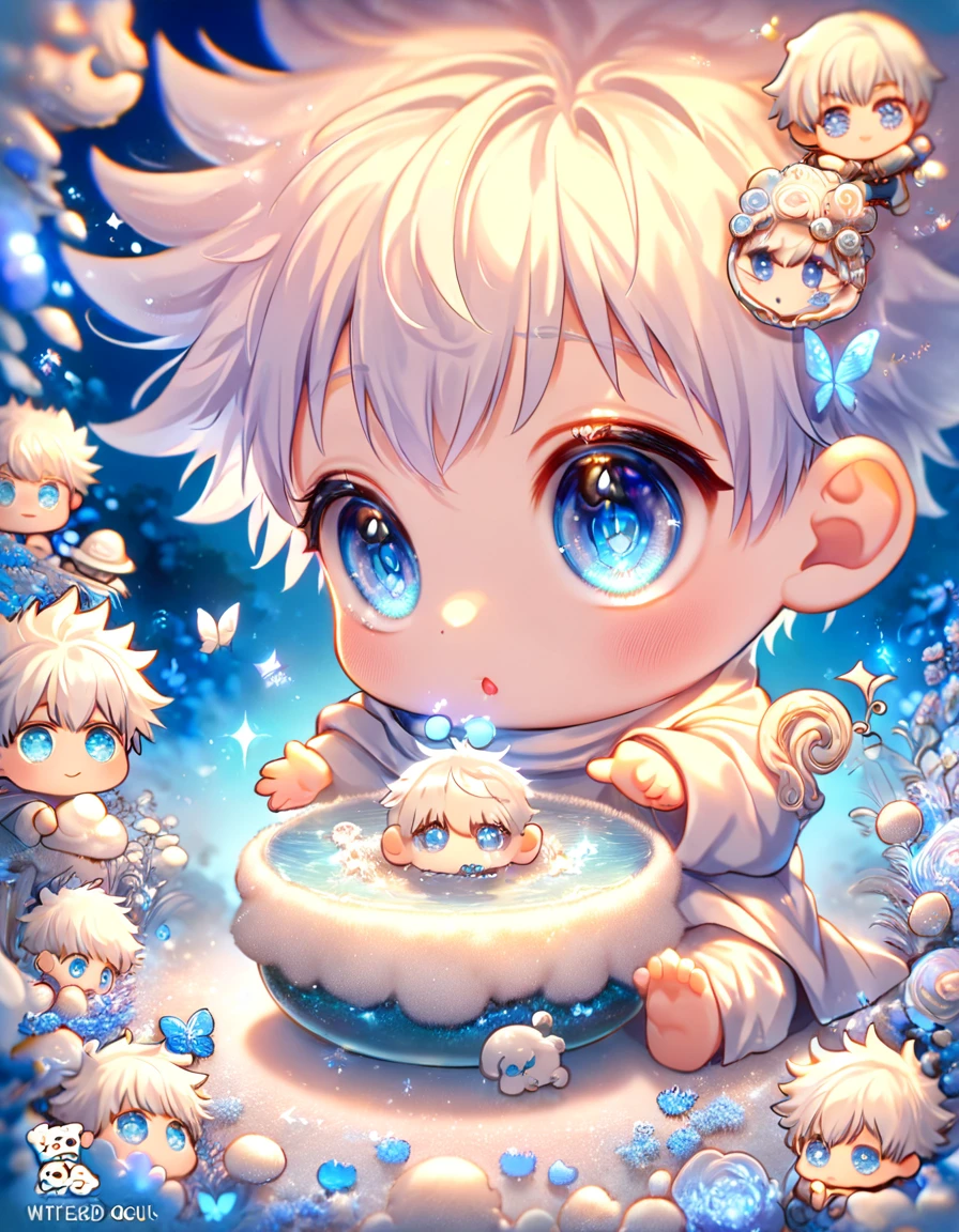 absurdres, highres, ultra detailed, HDR, master piece, best quality, extremely detailed, Gojou Satoru chibi, white hair, expressive blue eyes, white eyelashes, Jujutsu Kaisen, cute blue mushroom with face, cute, small, solo, magical, fantasy, magic, blue forest, glittering, blue butterflies, blue petals, blue flowers