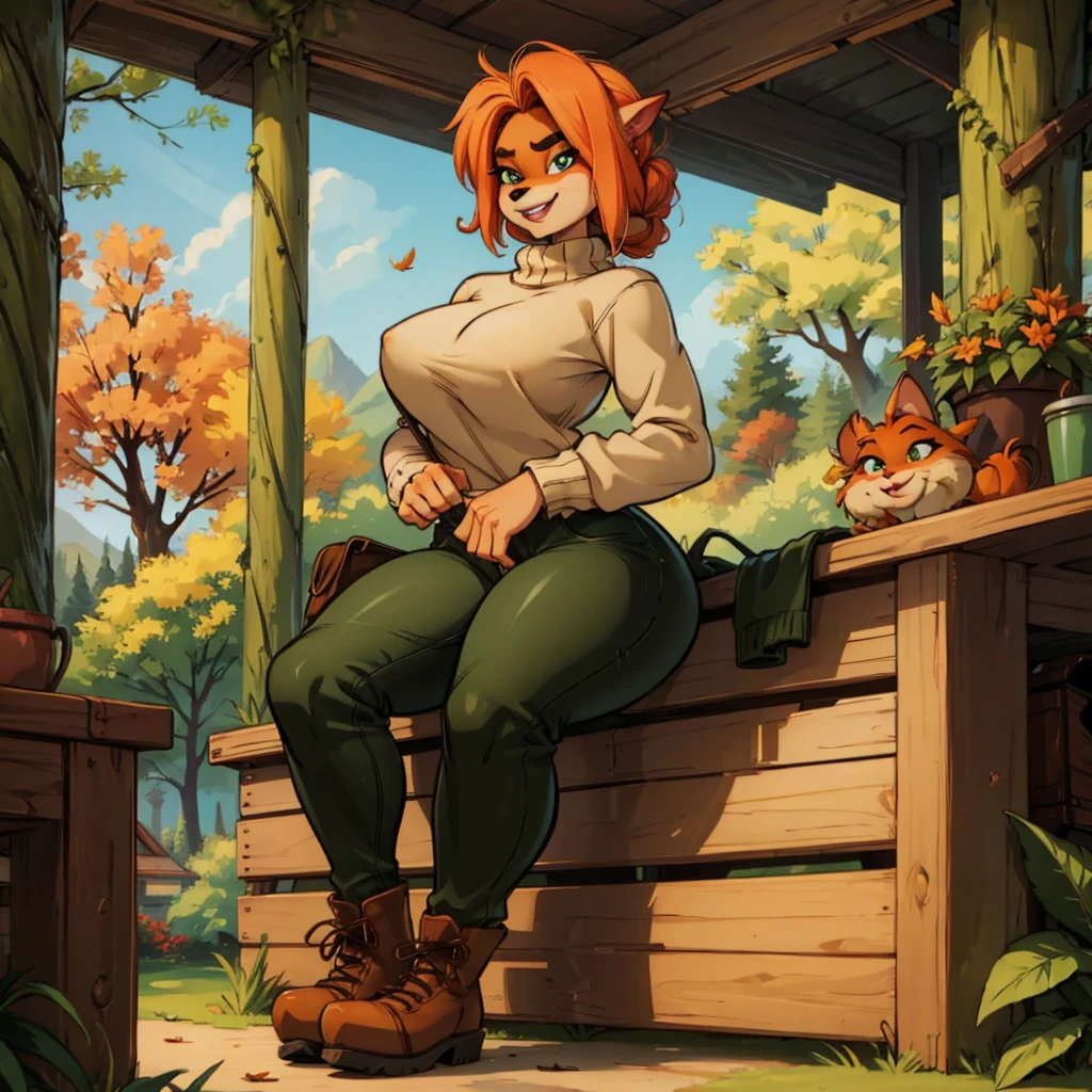  sancy anthro bandicoot girl redhead, braided hair, beautiful green eyes, sexy ,seductive, warm sweater, , camouflage pants, army boots, , Cozy autumn atmosphere, , the forest, autumn , Girl in sweater, ,trousers, army boots, furry anthro bandicoot, seductive facial expression wide grin , hands to pants,Unzipped Pants, dynamic pose, 