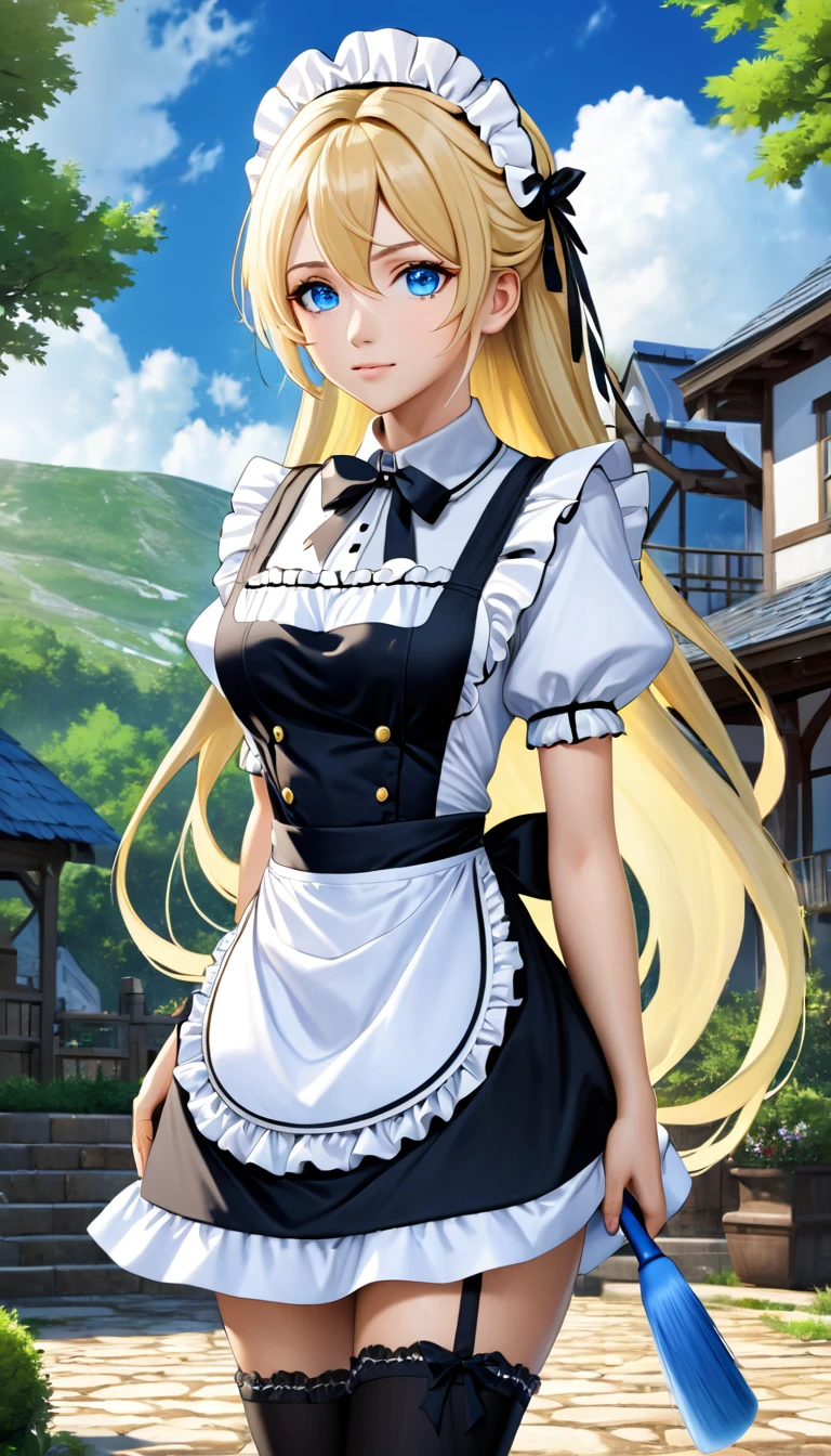 ((masterpiece)), ((best quality)), ((highres)), ((detailed background)), ((extremely detailed CG unity 8k wallpaper)), solo, shiona, blonde hair, long hair, blue eyes, hair tuft, cowboy shot, outdoors, ((maid outfit))