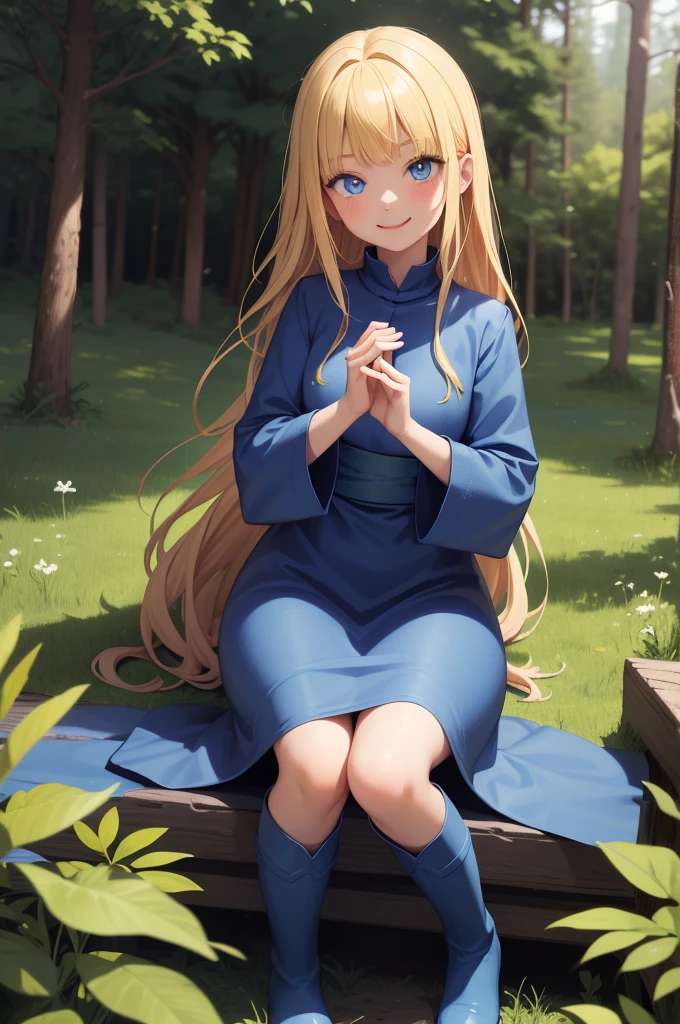 masterpiece, taller than,Very detailed, Absurd, witch, 8-year-old, girl,  alone, Blonde, Long Hair,  blue eyes, Blue Boots, Blue clothes, Long sleeve,Have,in the forest,  ojou-sama pose,smile,Open your mouth,