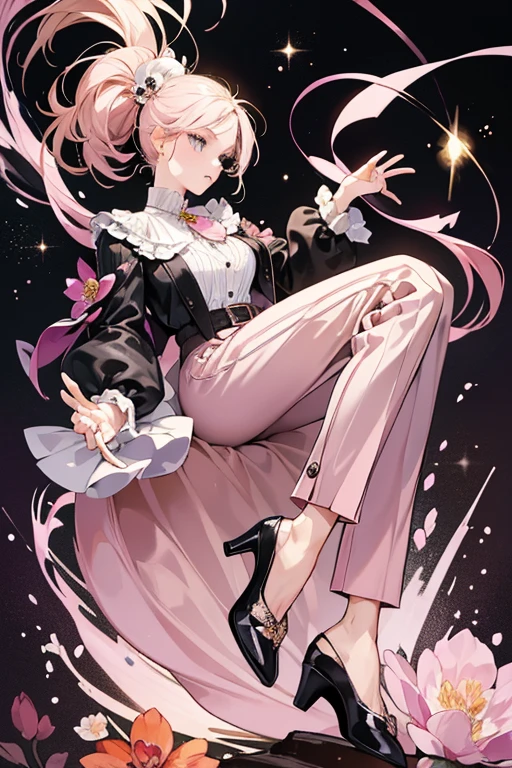 (Ultra-detailed eyes), (((textile shading))), (((Best Quality))), (((masutepiece))), (((Ultra-detailed CG))), depth of fields, 15 years old, (((magical little girl))), (Petite), (tiny chest), Pink hair, ((Short hair)), Pink eyes, (((Pink Satin Dress, Sleeveless Satin Dresses))), pink satin skirt, Pleated skirt, ((elbow groves)), Long gloves, White Satin Gloves, White garter belt, white satin knee socks, white satin color, Pink satin ribbon on the chest, (((Highly detailed super shiny smooth satin garment))), (((super shiny smooth satin gloves))), (((Game CG))), ((nigh sky, Old ruins)), ((heavy lotion rain)), ((Narrow passage)), (manfully, angry, Fighting, Armpit)