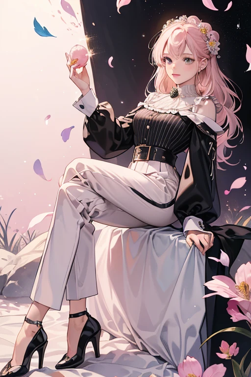 Emilie wore a light pink long-sleeved jacket with a black stripe on the edges of the jacket over a black blouse with a pearl-amberish white stripe on the edges of the blouse and a silver five-petaled brooch shaped like a flower with five petals and a pearl. She also wore light pink business pants and black ankle-strap heels. SPARKLE; GLITTER