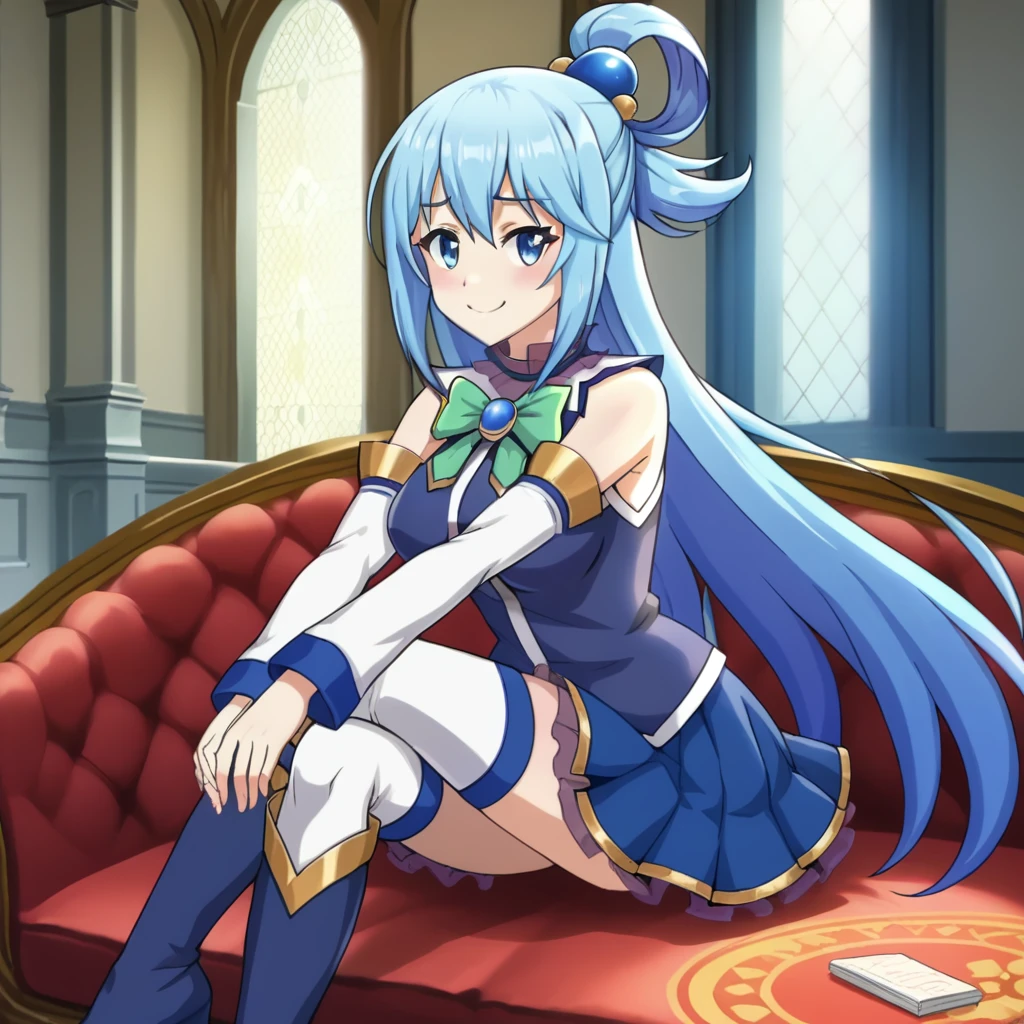 core_9, score_8_up, score_7_up, score_6_up, BREAK source_anime,aqua /(konosuba/), long hair, blue eyes, hair ornament, very long hair, blue hair, hair rings, single hair ring, blue skirt, blue shirt, thighhighs, bare shoulders, detached sleeves, white thighhighs, green bow, blue boots BREAK 1girl, sitting on a red couch, detailed eyes, smile, anime screencap, cowboy shot, inside a mansion