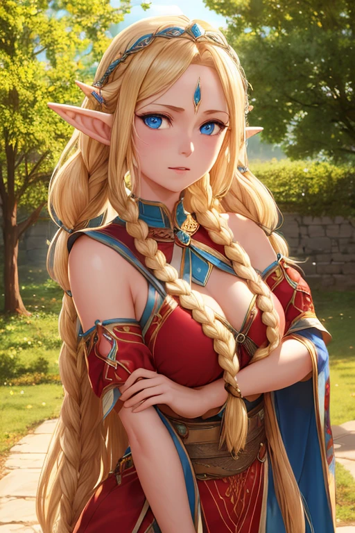 a beautiful elf princess with long braided blonde hair, elf ears, beautiful detailed blue eyes, beautiful detailed thin lips, round face, medium breasts, wearing a red tunic, angry look, arms tied to a trunk, (best quality,4k,8k,highres,masterpiece:1.2),ultra-detailed,(realistic,photorealistic,photo-realistic:1.37),fantasy,concept art,dramatic lighting,vivid colors,cinematic