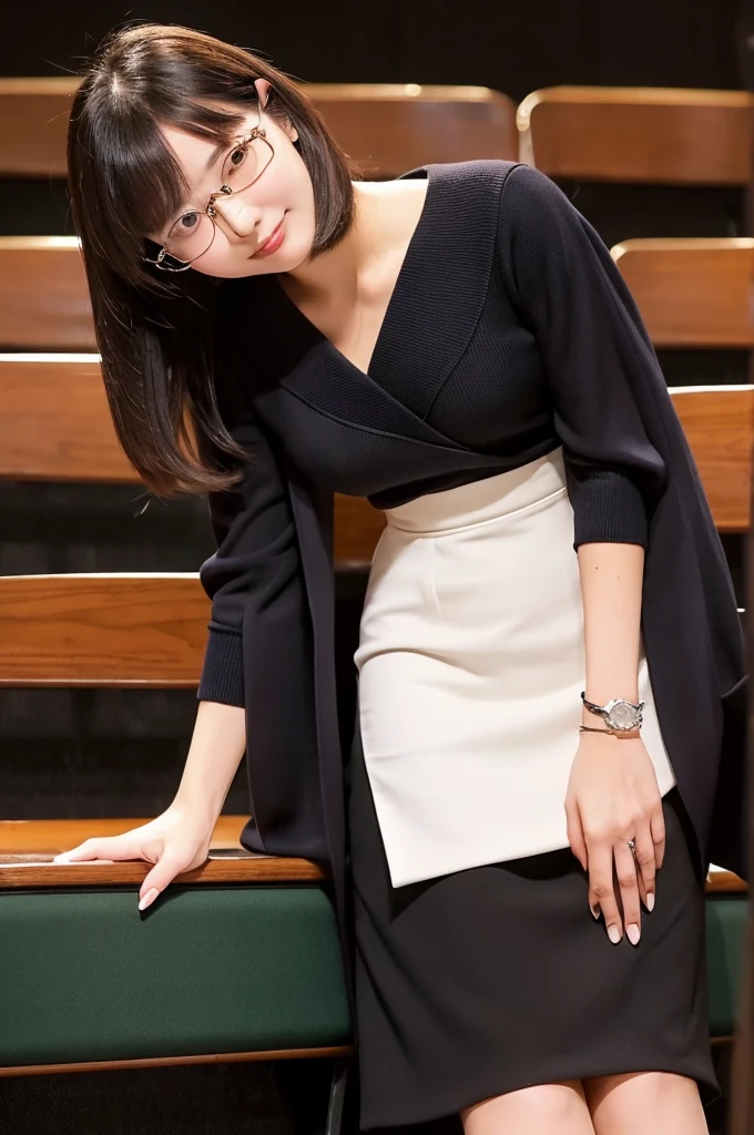 Adult sex appeal、Sexy female scholar、University lecture hall, university psychology associate professor, ((full body)), ((photo)), ((best qualtiy, 8K, tmasterpiece:1.3)), Focus:1.2, perfect figure beautiful woman:1.41woman, cowboy shot, look at viewer, eyes facing the camera, incredibly absurd, beautiful and cute woman with a photorealistic face, showcasing top-quality craftsmanship, A Japanese woman giving a lecture at a university lecture hall, 27 years old, with a bob cut and flipped hair, short bangs swept at an angle, smooth and shiny hair, natural hairline, fair and smooth skin, plump and healthy cheeks, large, jet black eyes, round eyes, long and upward-facing eyelashes, double eyelids, thin and straight eyebrows, small and round nose, plump lips, upturned corners of the mouth, charming smile, cute face, glamorous, well-balanced proportions, tall, beautiful D-cup breasts, silver-rimmed glasses, pink blouse, black tight skirt, fashion with a waist-marked silhouette, scarf, heeled shoes, vanilla perfume, beautiful, pretty older woman, glasses suit her, knowledgeable, playful, curious, smart, elegant, November