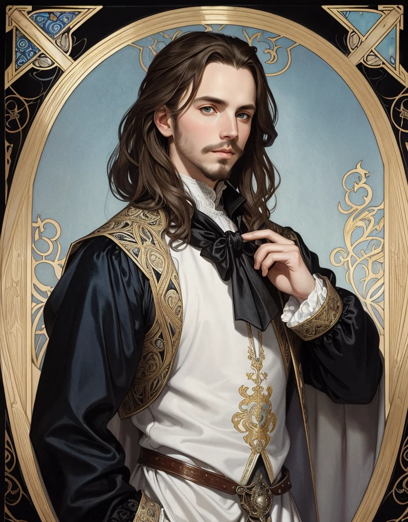 Portrait of Christopher Marlowe, white skin, piercing icy blue eyes, silky golden-brown hair, refined features, charp jawline, clean shaved, black Elizabethan velvet jerkin, white laced shirt, Art Nouveau style, Mucha style, Mucha background, realism, high quality