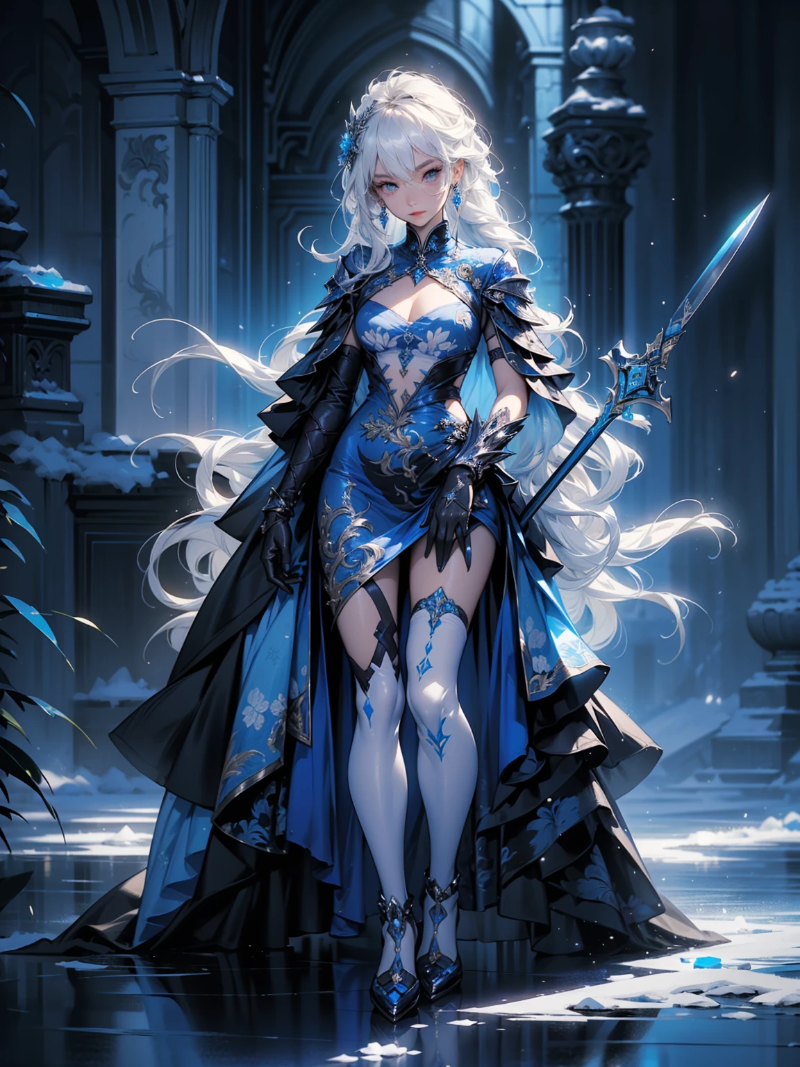 (((masterpiece, best quality, high detailed, 8k))) Design a layout showcase Gaming character, (1girl). Blue|White clothes, stylish and unique. ((showcase weapon:1.4)), ice spear. (masterpiece:1.2), (best quality), 4k, ultra-detailed. (Step by step design, layout art:1.5), (luminous lighting, atmospheric lighting). ice queen, ((glove full hands)), (((revealing clothes:1.3))), vambraces, armored legwear, (((full_body_shot:1.4))). {On a frozen lake}.
