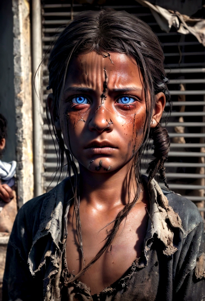 (((best qualityer))), high detaild, depth of fields, focusing: 1.2,  Brazilian 10 year old looking through trash, Tired eyes, thin eyes, eyes large, Tattered and rotten clothes, Hair is tangled in rags, The skin is damaged by dirt and grime, forlorn, Dirty street in a poor neighborhood with broken windows, Thin face and eyes are sad and scary, (Realistic Photos:1.5), (((high resolution illustration))), (((extremely detaild))), dramatic shadows, cinematographic.