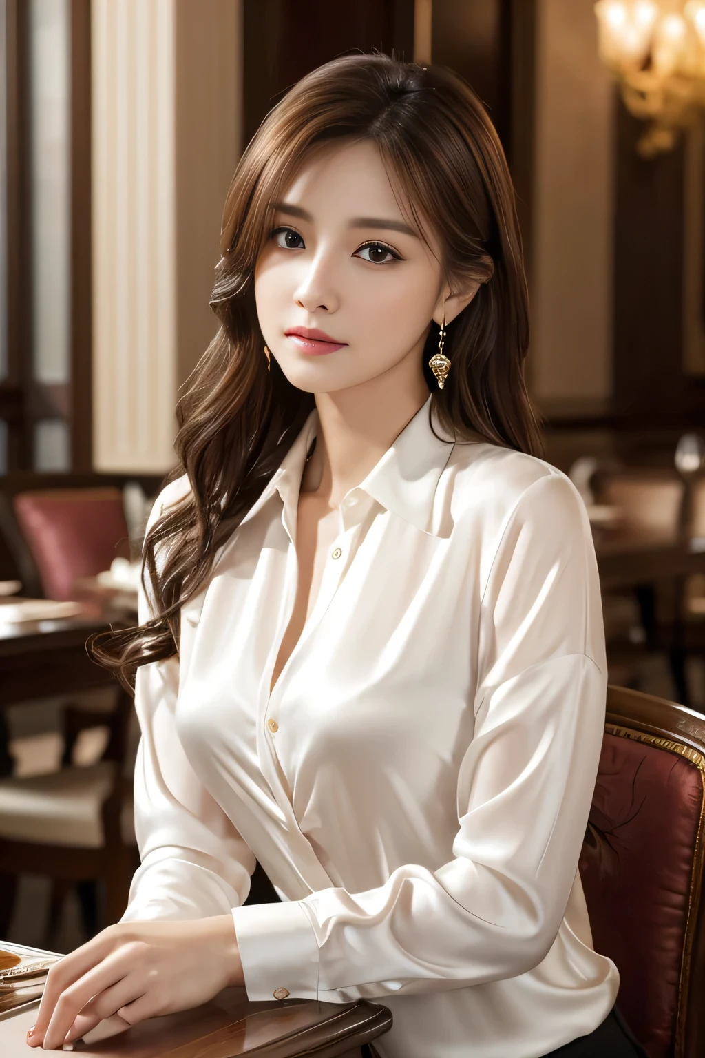 masterpiece, Highest quality, Realistic, Very detailed, Finer details, High resolution, 8k wallpaper, One beautiful woman, Wear an elegant white silk shirt, In a great restaurant, At night, Light brown messy hair, Perfect dynamic composition, Beautiful and beautiful eyes、Big earrings、Sit on a chair、