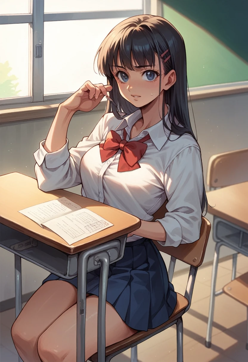 90s manga style girl in a classroom at a school in Japan