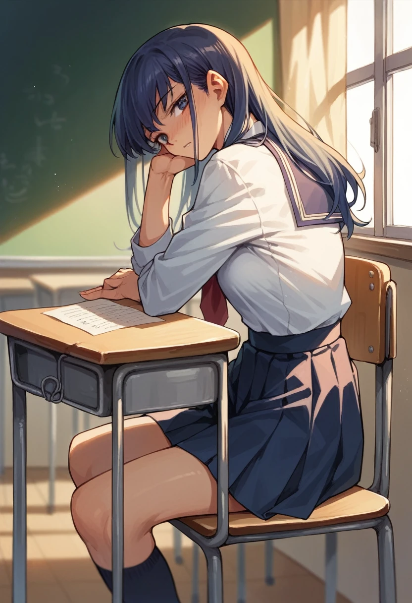90s manga style girl in a classroom at a school in Japan
