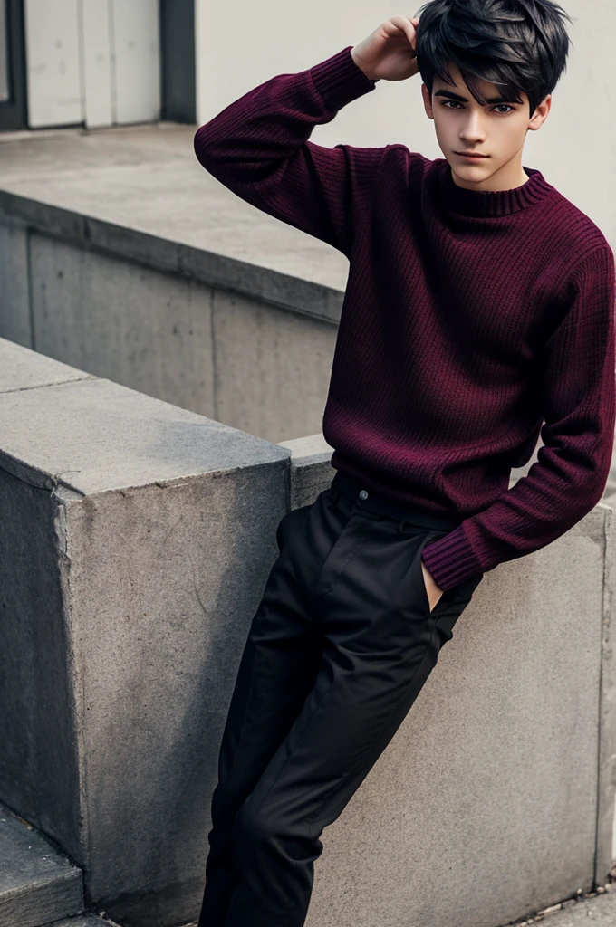 Create a boy with white hair, purple eyes, black and red sweater, , thin but agile compression