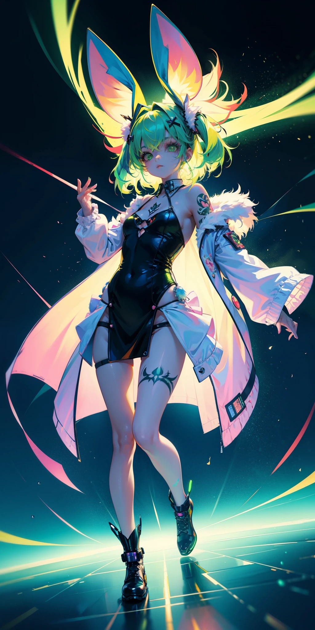 Rabbit technique , Science Fiction, Fluffy ,
1 girl, Tattoo, Glowing tattoo, Glowing eyes, Colorful glowing hair , Full body love, Green Hair,
Kawaiitech, Soft colors, Kawaii, Lovely colors,