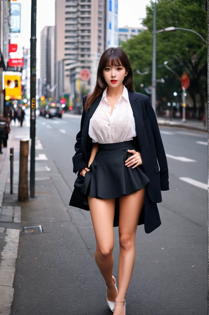 a 19 year old girl, she is the most beautiful actress in the world, the perfect body proportions of this girl, indirect bulge of clothed large breasts are perfect, the blazer on the shirt that's worn on her upper body, her crotch area of the panties are hardly hidden by short skirt, her bare legs, it's just front of her body in this photo, there's no photo space above her head and below her feet, she is standing straight at the street, nsfw, best quality, highly detailed, masterpiece, ultra high res, photo realistic, 8k, RAW photo