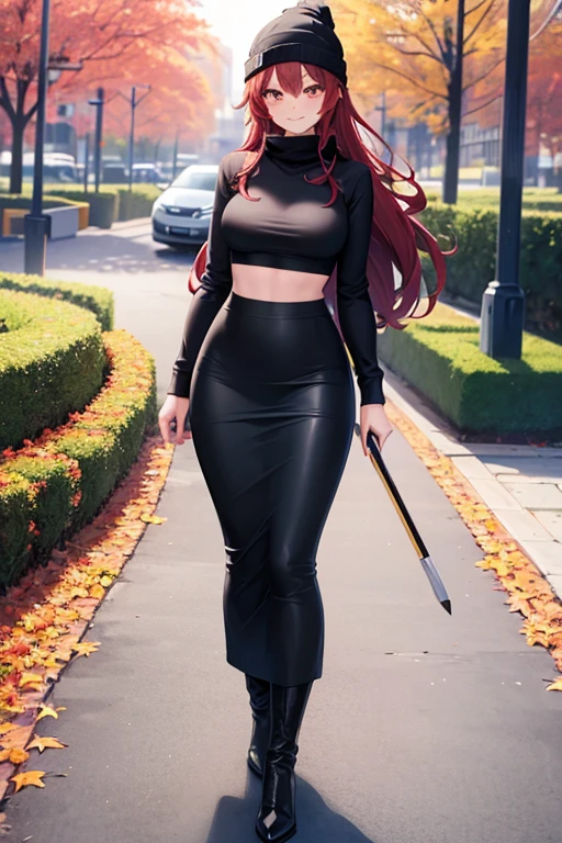 two women, long sleeved shirt, crop top, tight midi pencil skirt black, long length pencil skirt, long hair, looking at viewer, full body, walking, smile, blush, boots, garden, fall, leaves, beanie, scarf