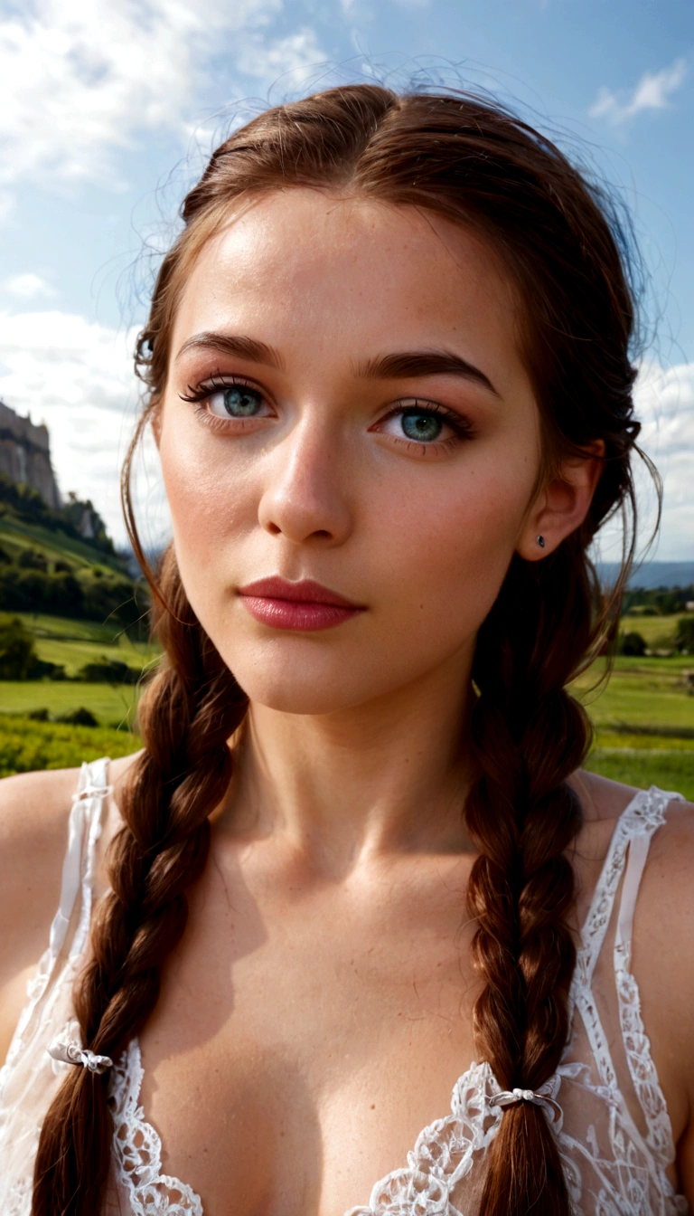 Create a realistic and striking image of a beautiful girl. She has radiant brown skin and wears her long hair in two braids that fall on either side of her head. Her face is delicate with well-defined features and large eyes that capture the viewer's attention. She wears elegant and contemporary clothing that highlights her natural beauty. The background is a picturesque landscape with a bright blue sky and a green meadow that extends as far as the eye can see, with a majestic castle in the distance. The atmosphere of the image should be serene and captivating, capturing the essence of her beauty and the charm of the surroundings.