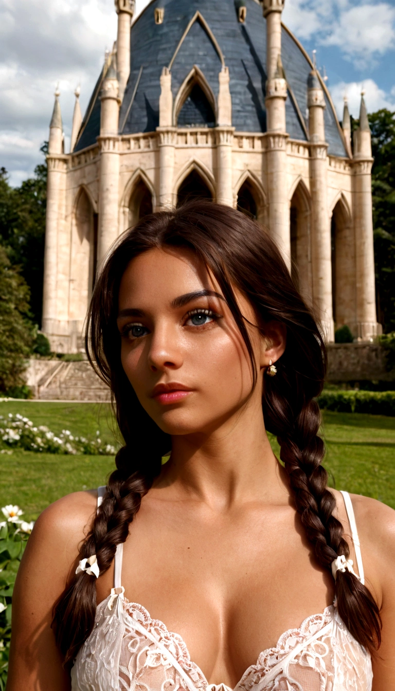 Create a realistic and striking image of a beautiful girl. She has radiant brown skin and wears her long hair in two braids that fall on either side of her head. Her face is delicate with well-defined features and large eyes that capture the viewer's attention. She wears elegant and contemporary clothing that highlights her natural beauty. The background is a picturesque landscape with a bright blue sky and a green meadow that extends as far as the eye can see, with a majestic castle in the distance. The atmosphere of the image should be serene and captivating, capturing the essence of her beauty and the charm of the surroundings.