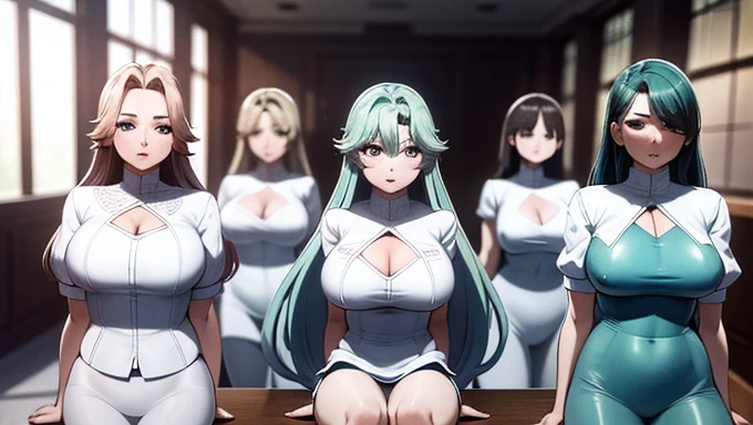 a masterpiece photo of a group of 5 beautiful plump cyan-haired girls with long fluffy-layered hair, cyan haired girls, different hair colors, matching hairstyles, hazel eyes, big And round bust, matching uniforms, serious, flat color, same height, organized pose, sitting side by side, best quality, 4k, 8k, highres, masterpiece:1.2, ultra-detailed, realistic, photorealistic, photo-realistic:1.37, HDR, UHD, studio lighting, ultra-fine painting, sharp focus, physically-based rendering, extreme detail description, professional, vivid colors, bokeh